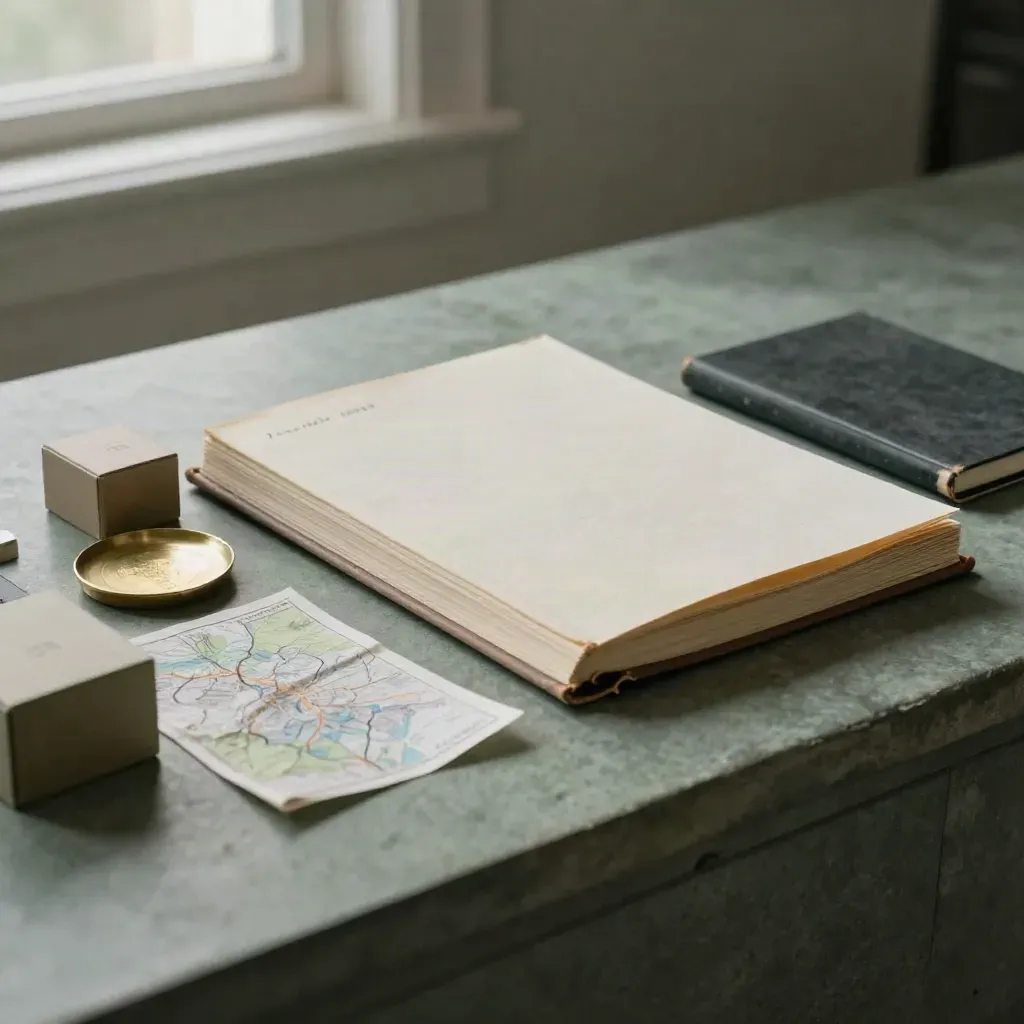 Linen research folio, ETF box, brass dish, map sheet and graphite notebook on stone.