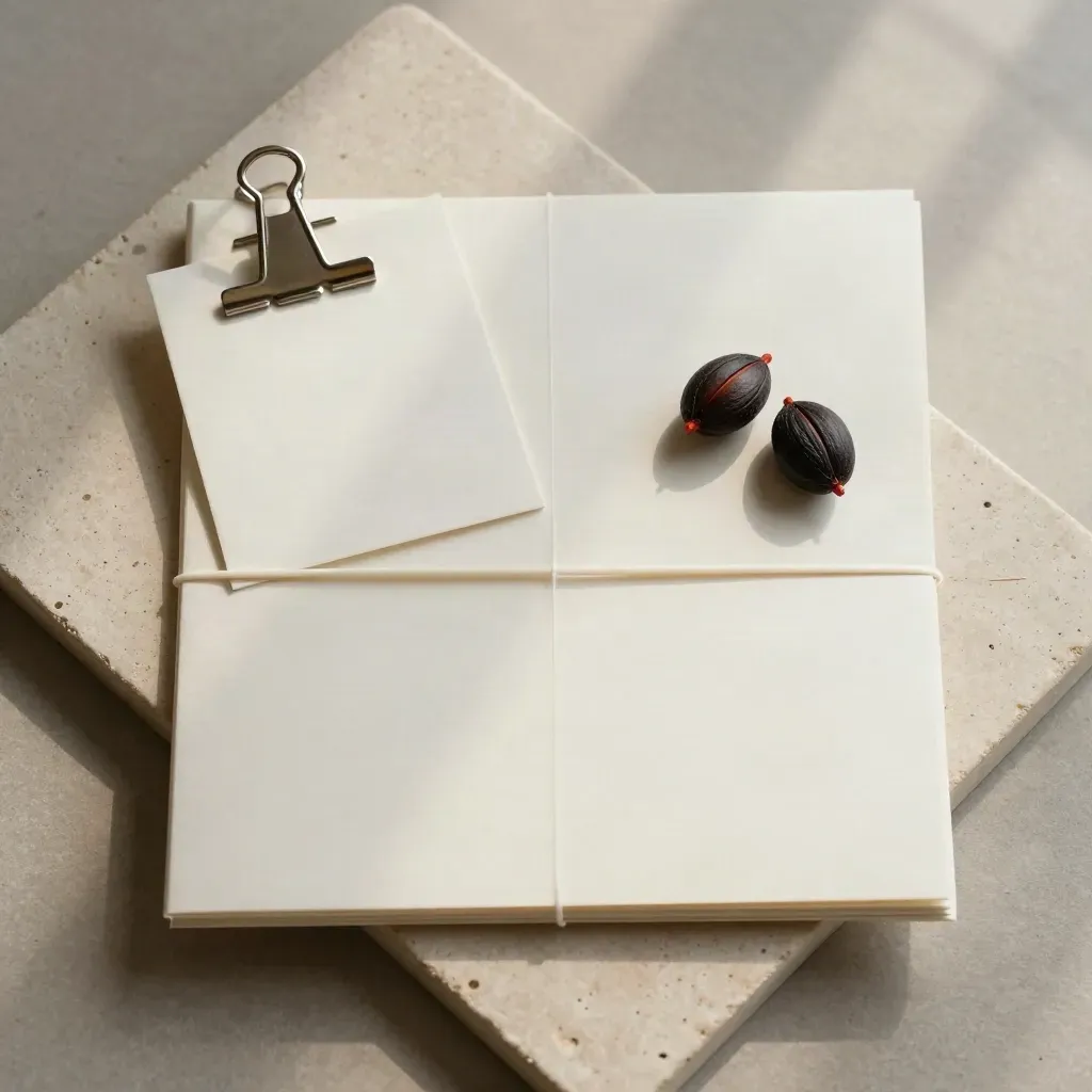 Precision flatlay of a clipped Japan investing research packet on pale stone with seed pods.