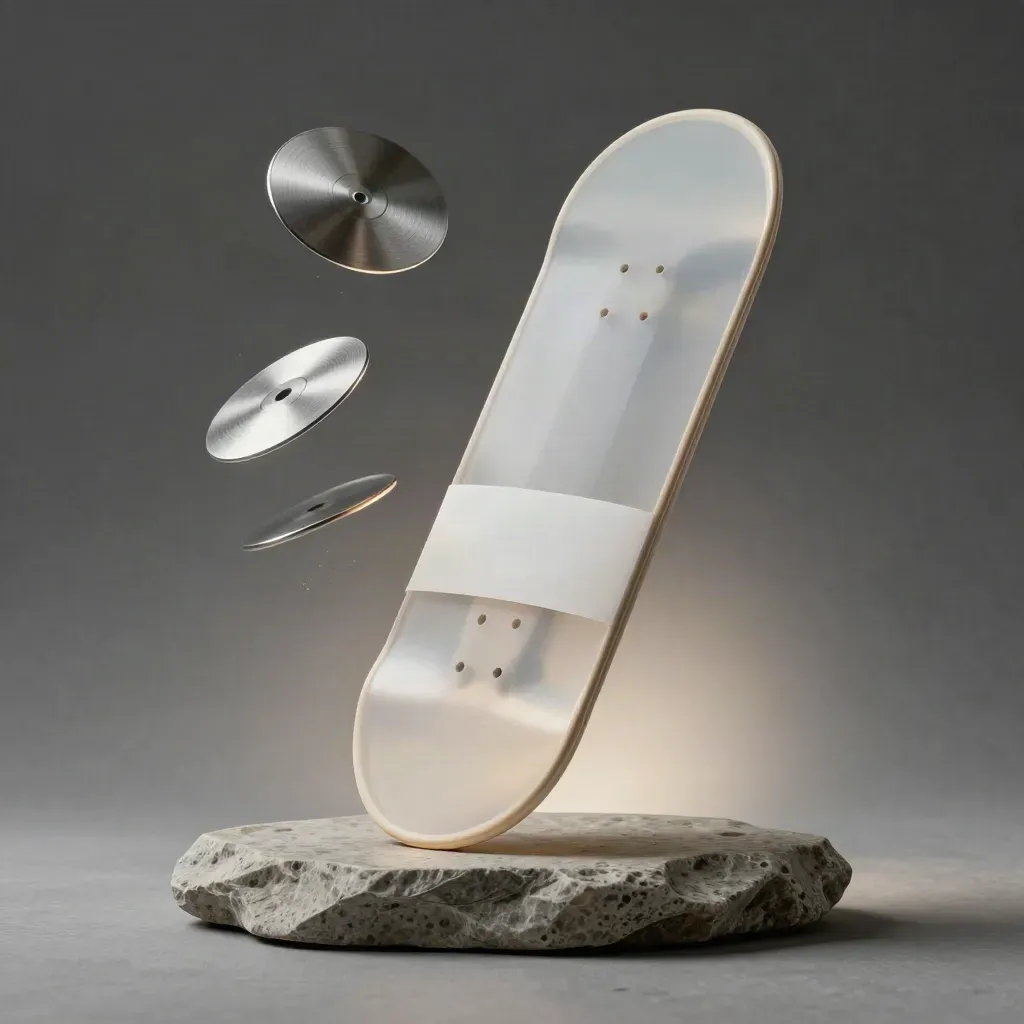 Vellum-wrapped review deck hovering above stone with drifting metal discs