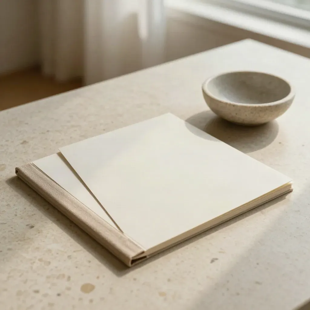 Open investment shortlist folio with blank sample cards, fabric band and stone bowl on travertine.