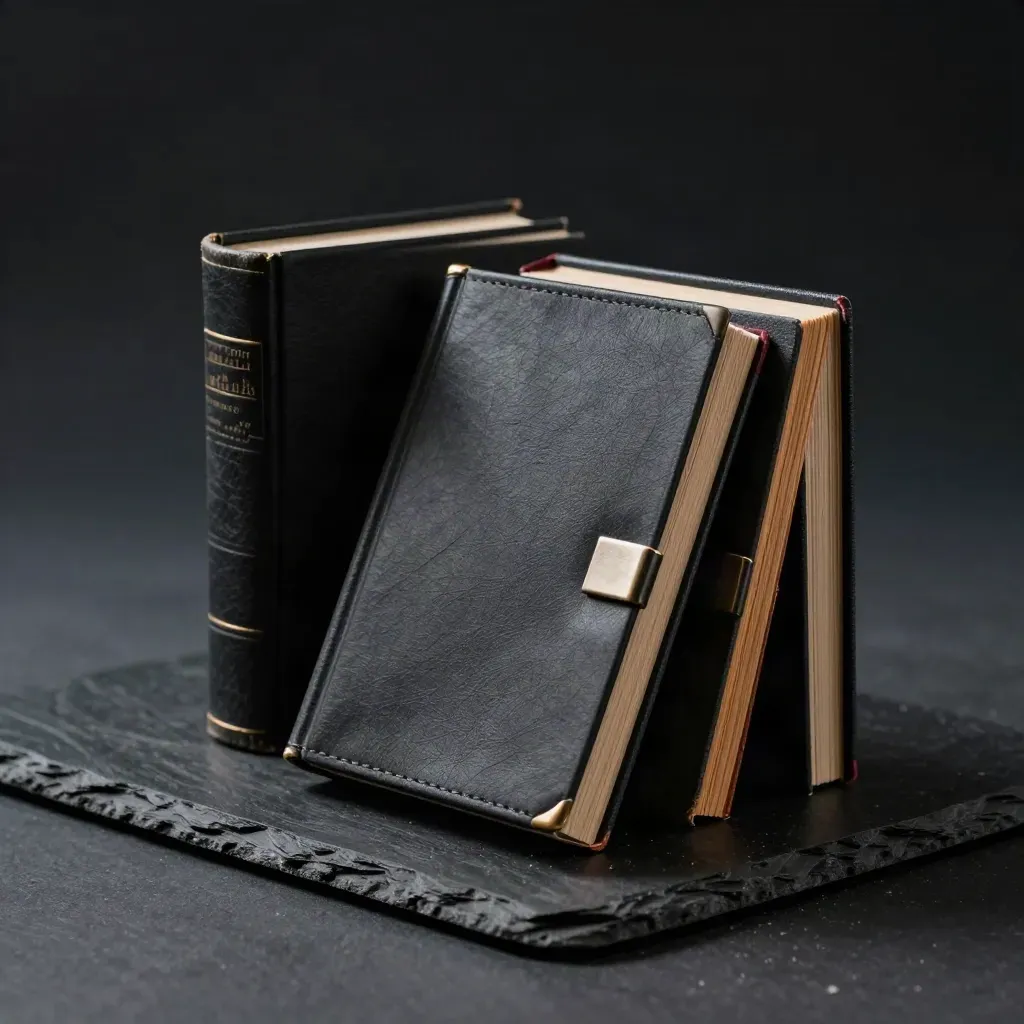 Low-angle macro of black research volumes on slate with cedar and a red accent under dramatic studio light.