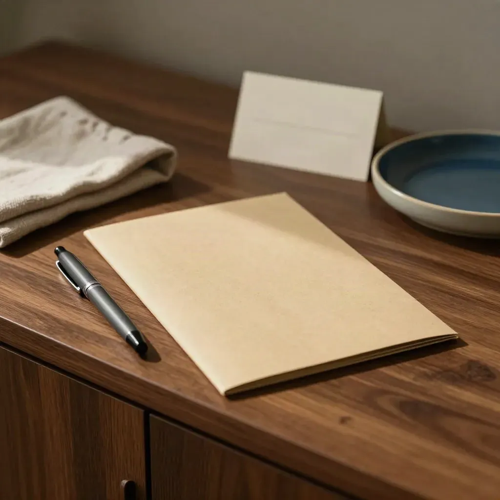 Adviser note packet in kraft sleeve with pen cap, linen cloth, and ceramic tray on walnut sideboard