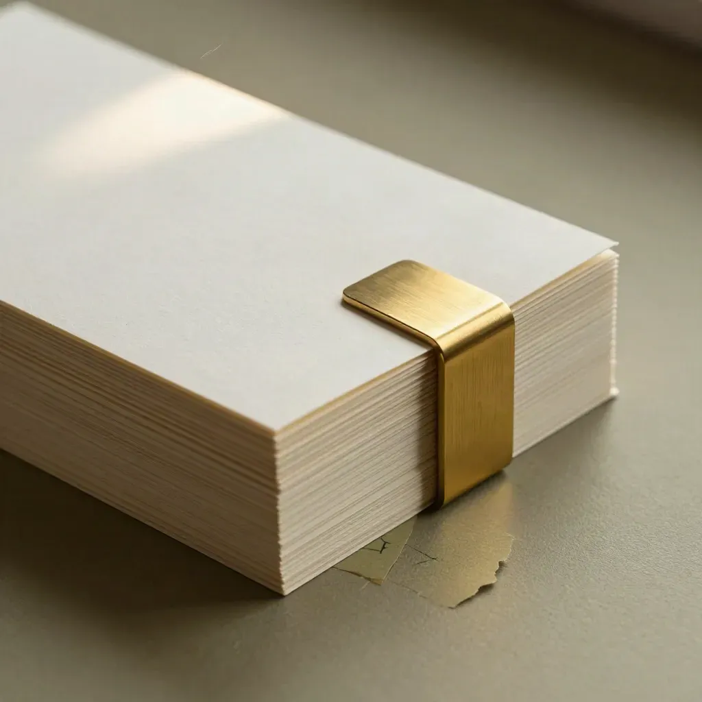 Macro of layered off-white cards, brass wedge, and folded map corner on khaki board