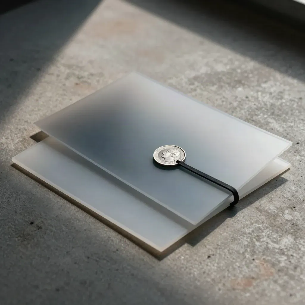 Overhead finance flatlay of translucent sheets, a black band, and a polished coin on concrete.