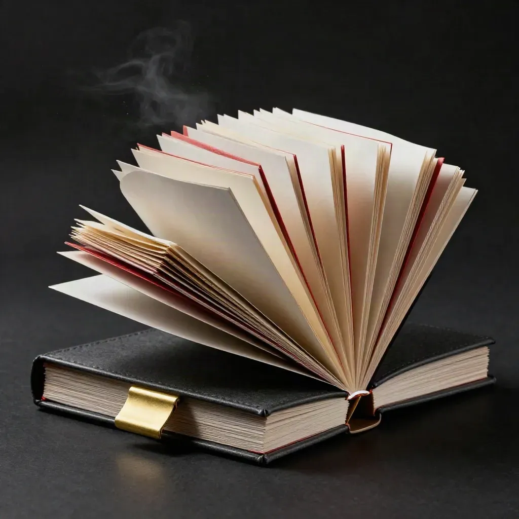 Dramatic finance folios fanning across a black studio surface with brass and crimson accents.