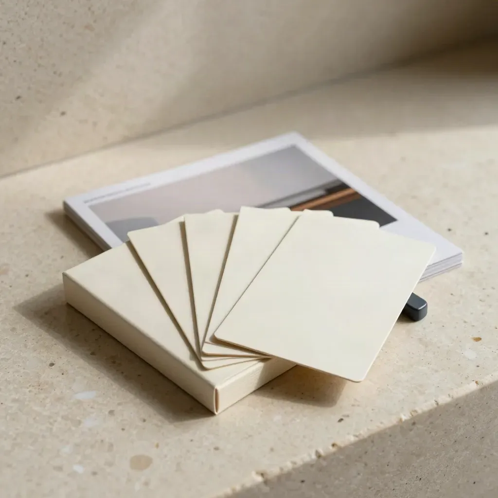 Travertine finance starter box with five blank cards and a graphite clip in soft studio light