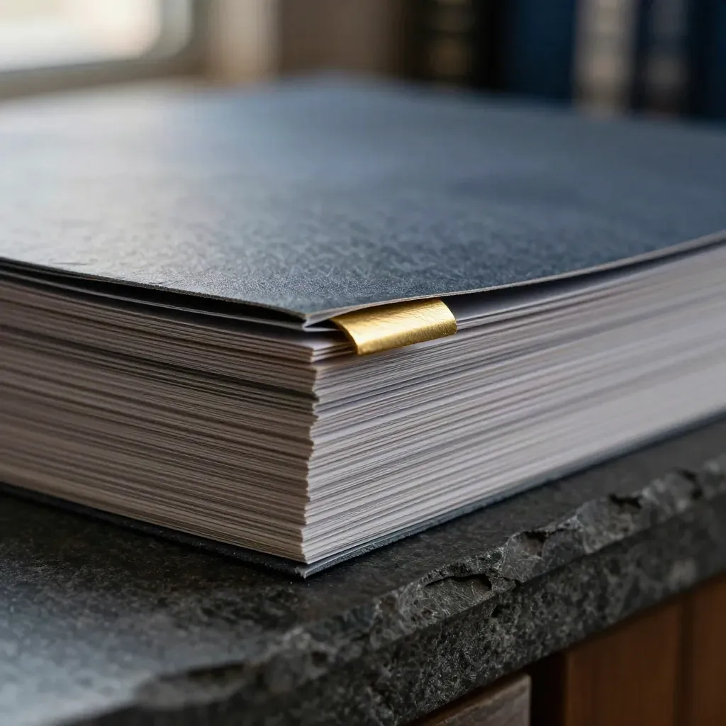 Macro of layered matte finance cards with brass tab and slate block on graphite stone.