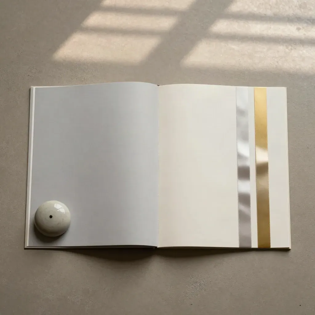 Overhead flatlay of an open guide folio, ceramic paperweight and aligned sample strips on stone.
