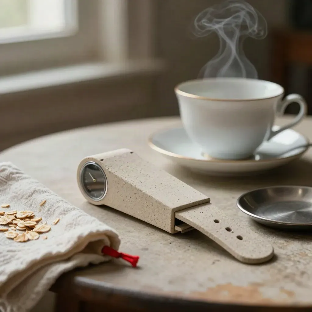 Stone investment packet beside teacup saucer, cloth and metal dish in soft morning steam.