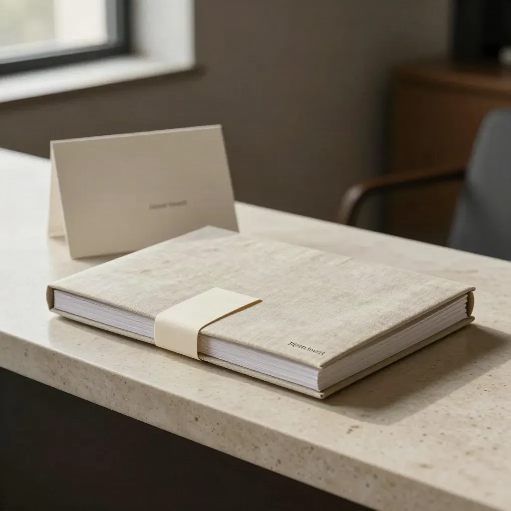 Sealed brief kit on travertine with linen wrap and two folders, softly lit in a finance studio.