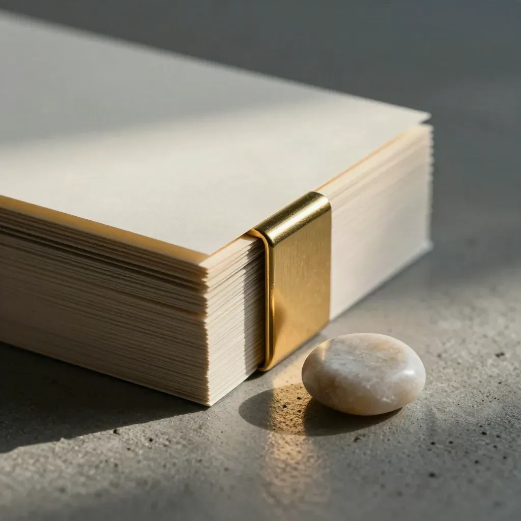 Macro side view of layered briefing cards with brass corner clip and stone timing marker.
