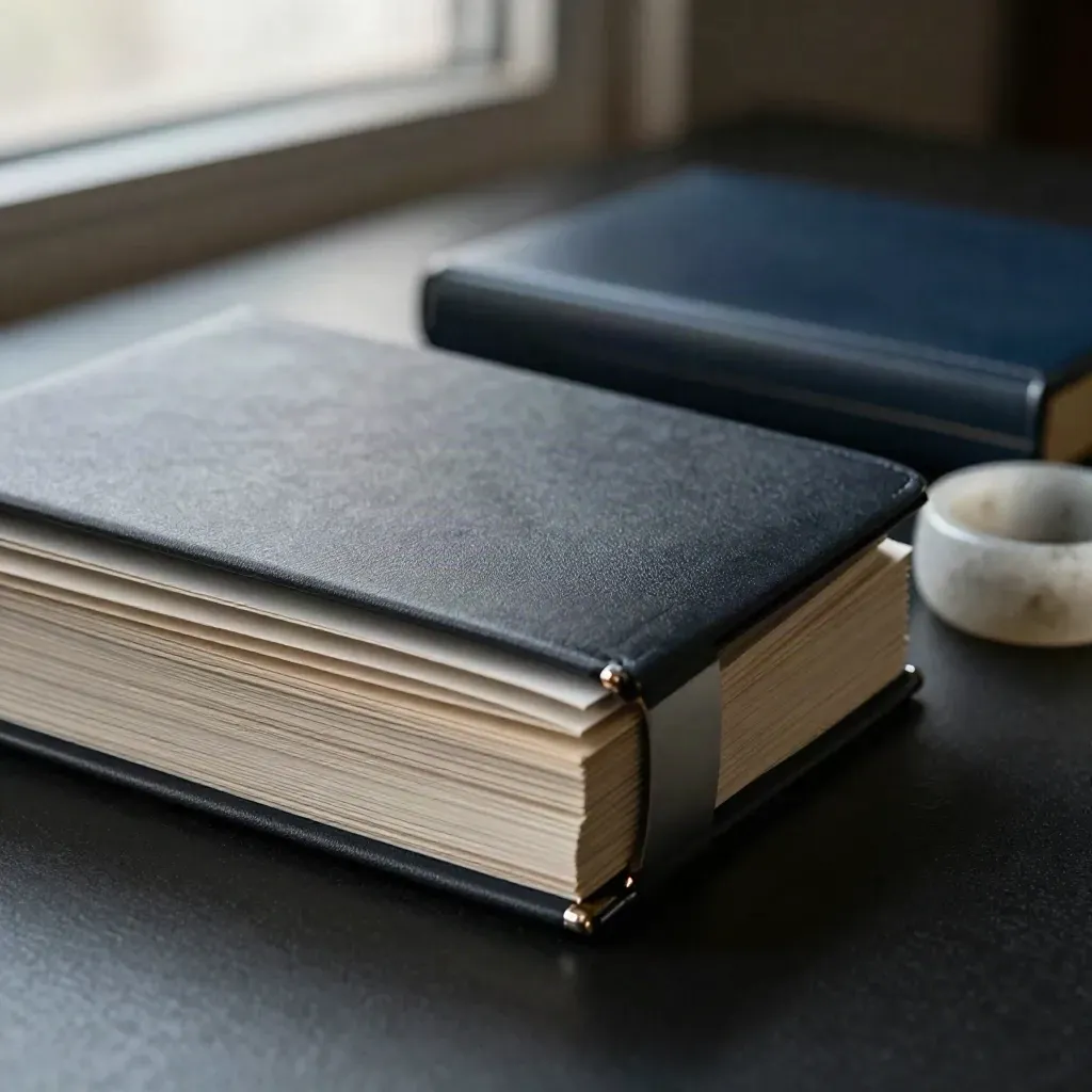 Three layered folios, dark case and pale stone ring on a matte-black surface