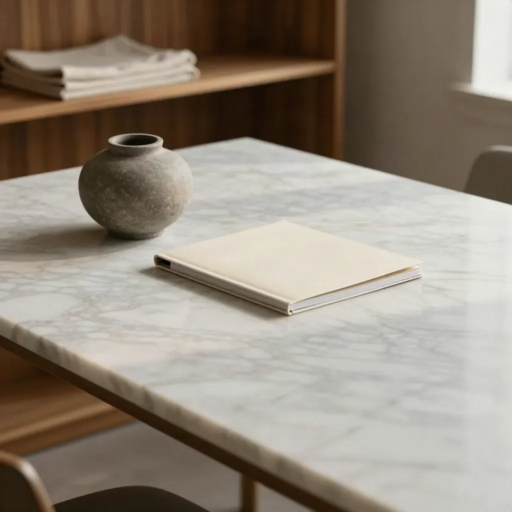 Sunlit pale marble surface with blurred cedar shelving and a small stone vessel, calm copy space below.
